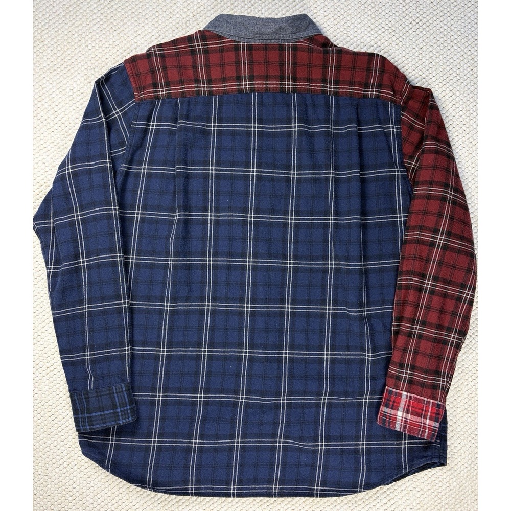 UNIQLO Mens XL Patchwork Plaid Flannel Shirt Red Navy Blue Cotton Button Up - Picture 4 of 6